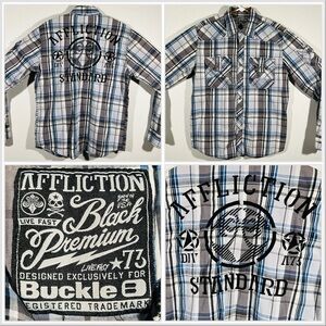 Affliction Black Premium Western Buckle Shirt Mens Large Long Sleeve Gray Plaid